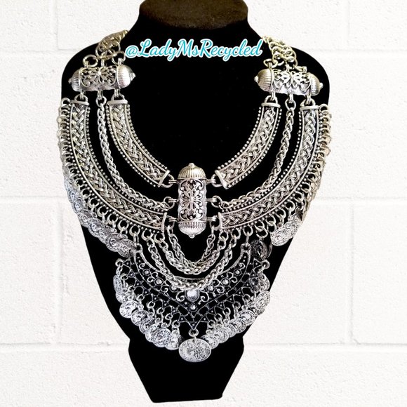 Chunky Silver-tone Statement Coin Necklace & Earrings Boho Belly Dance NEW! - Picture 1 of 10